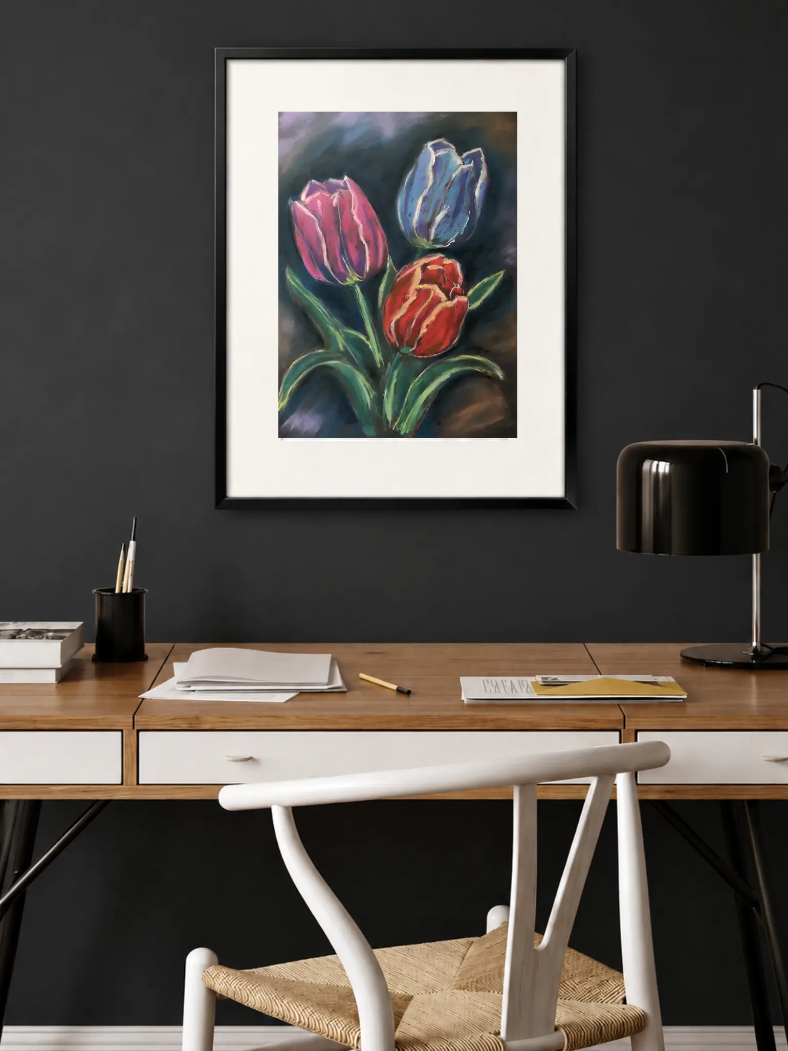 An original expressionist tulips flowers painting in soft pastel, showcasing three vibrant pink, blue, and red tulips with green leaves against a dark textured background.