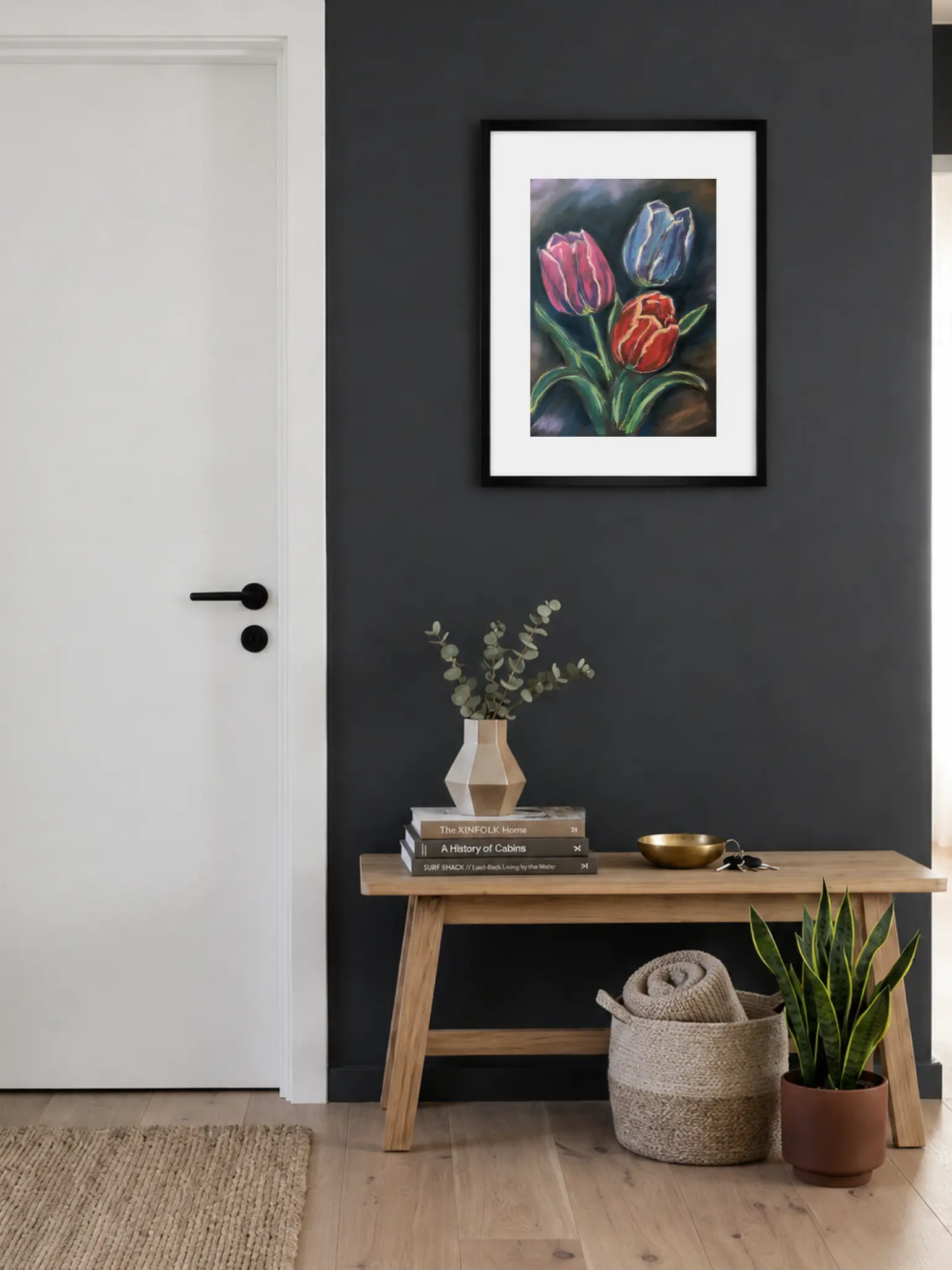 An original expressionist tulips flowers painting in soft pastel, showcasing three vibrant pink, blue, and red tulips with green leaves against a dark textured background.