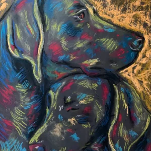 An original expressionist soft pastel painting of a two dogs portrait by Savchenko, showing one dog gently resting its head on another against a textured gold and ochre background.