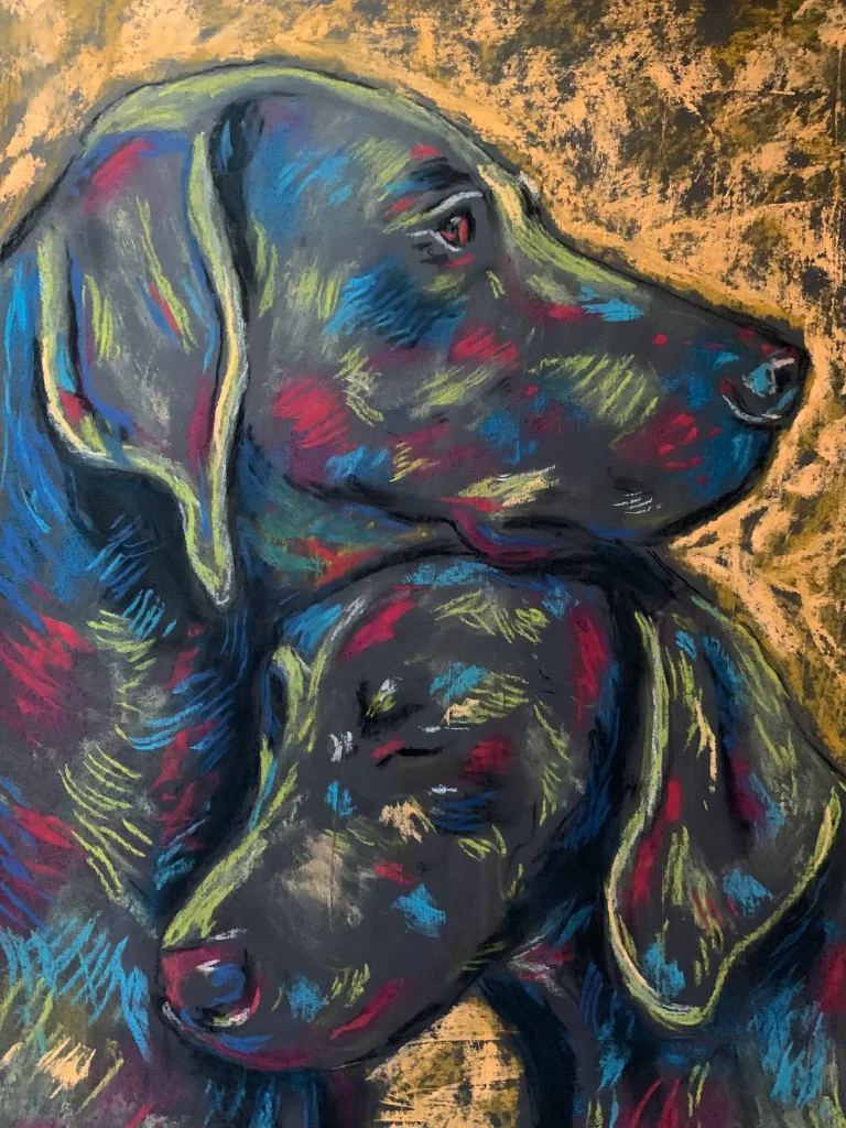 An original expressionist soft pastel painting of a two dogs portrait by Savchenko, showing one dog gently resting its head on another against a textured gold and ochre background.