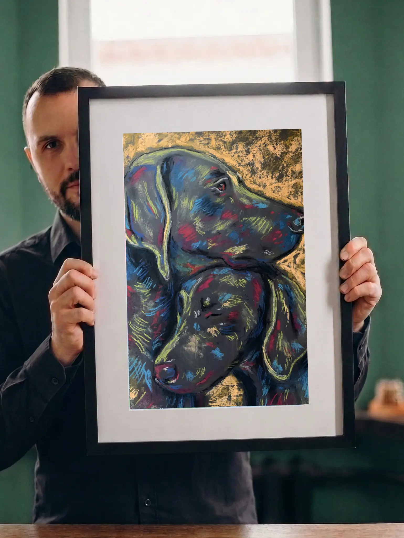 An original expressionist soft pastel painting of a two dogs portrait by Savchenko, showing one dog gently resting its head on another against a textured gold and ochre background.