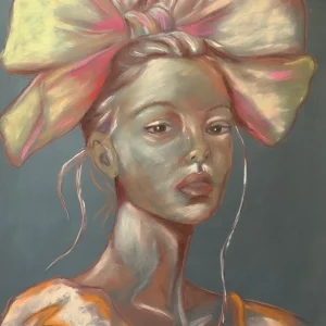 An original expressionist woman portrait painting in soft pastel, depicting a stylized female figure wearing an oversized pink and cream bow in her hair.
