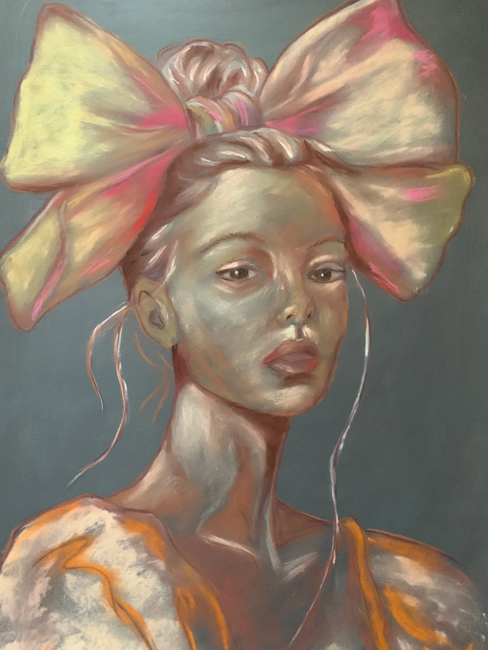 An original expressionist woman portrait painting in soft pastel, depicting a stylized female figure wearing an oversized pink and cream bow in her hair.