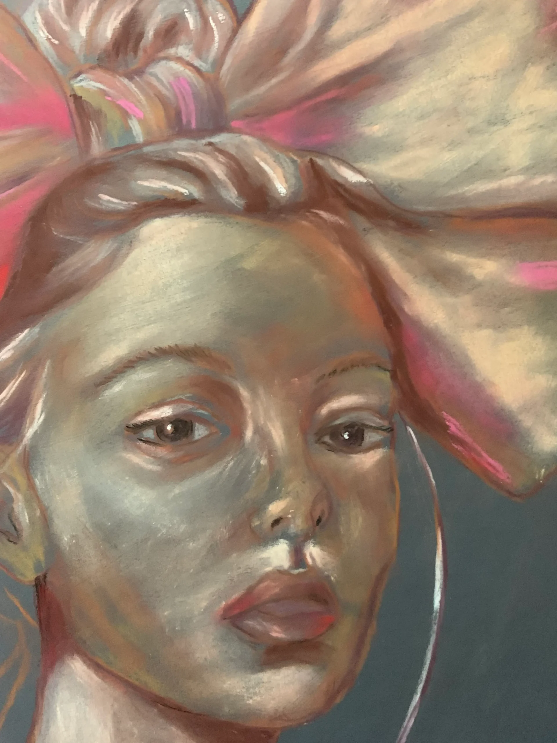 An original expressionist woman portrait painting in soft pastel, depicting a stylized female figure wearing an oversized pink and cream bow in her hair.
