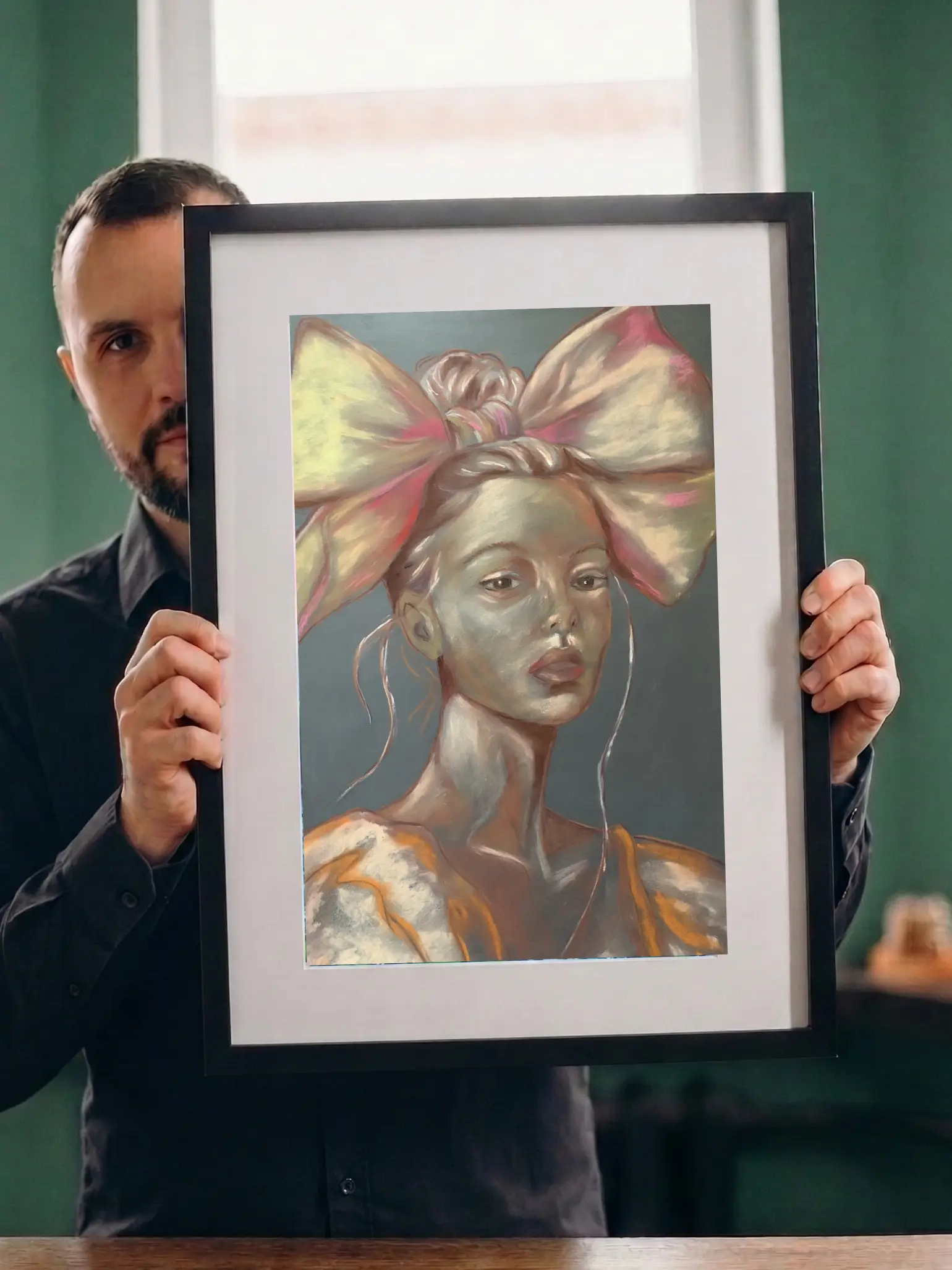 An original expressionist woman portrait painting in soft pastel, depicting a stylized female figure wearing an oversized pink and cream bow in her hair.