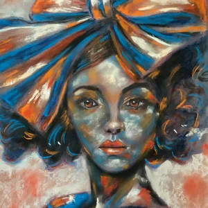 An original expressionist woman portrait painting in soft pastel, showcasing a beautiful woman wearing an oversized striped blue and orange bow.