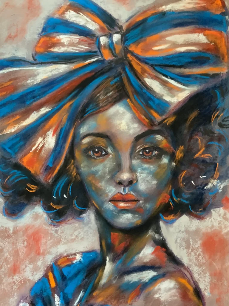 An original expressionist woman portrait painting in soft pastel, showcasing a beautiful woman wearing an oversized striped blue and orange bow.