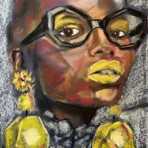 An original expressionist soft pastel painting by Savchenko depicting a woman's portrait with large black-framed glasses, bright yellow lips, and massive yellow geometric earrings.