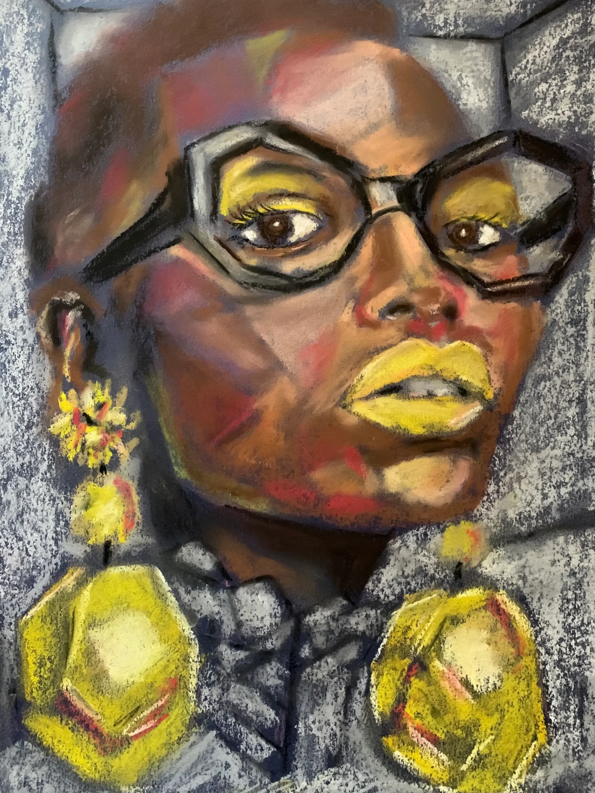 An original expressionist soft pastel painting by Savchenko depicting a woman's portrait with large black-framed glasses, bright yellow lips, and massive yellow geometric earrings.