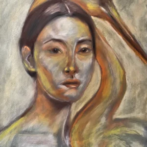 An original expressionist soft pastel painting by Savchenko depicting a woman's portrait with a golden heron bird resting on her head against a muted grey background.