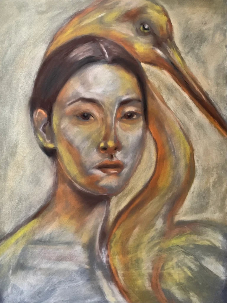 An original expressionist soft pastel painting by Savchenko depicting a woman's portrait with a golden heron bird resting on her head against a muted grey background.