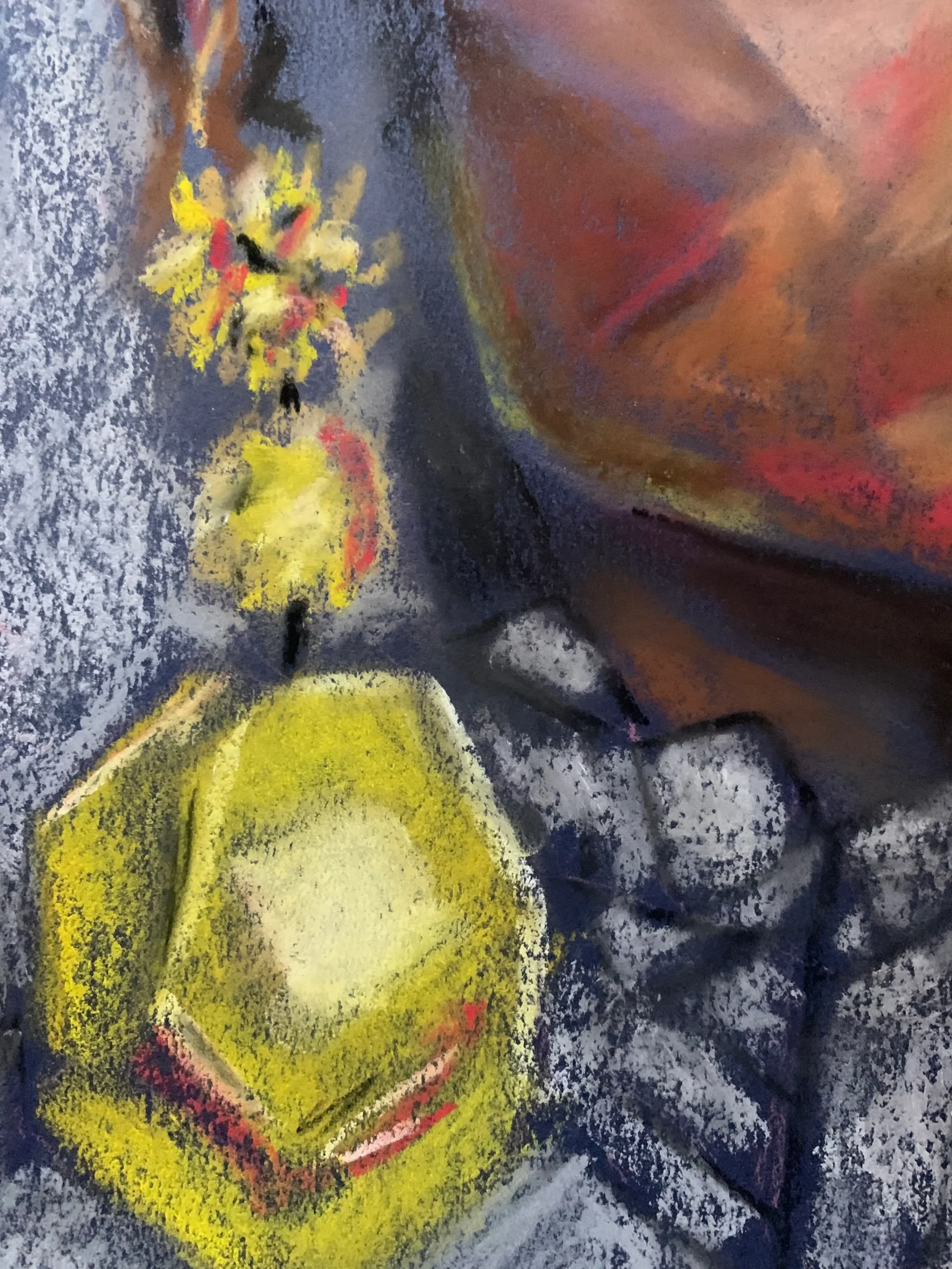 An original expressionist soft pastel painting by Savchenko depicting a woman's portrait with large black-framed glasses, bright yellow lips, and massive yellow geometric earrings.