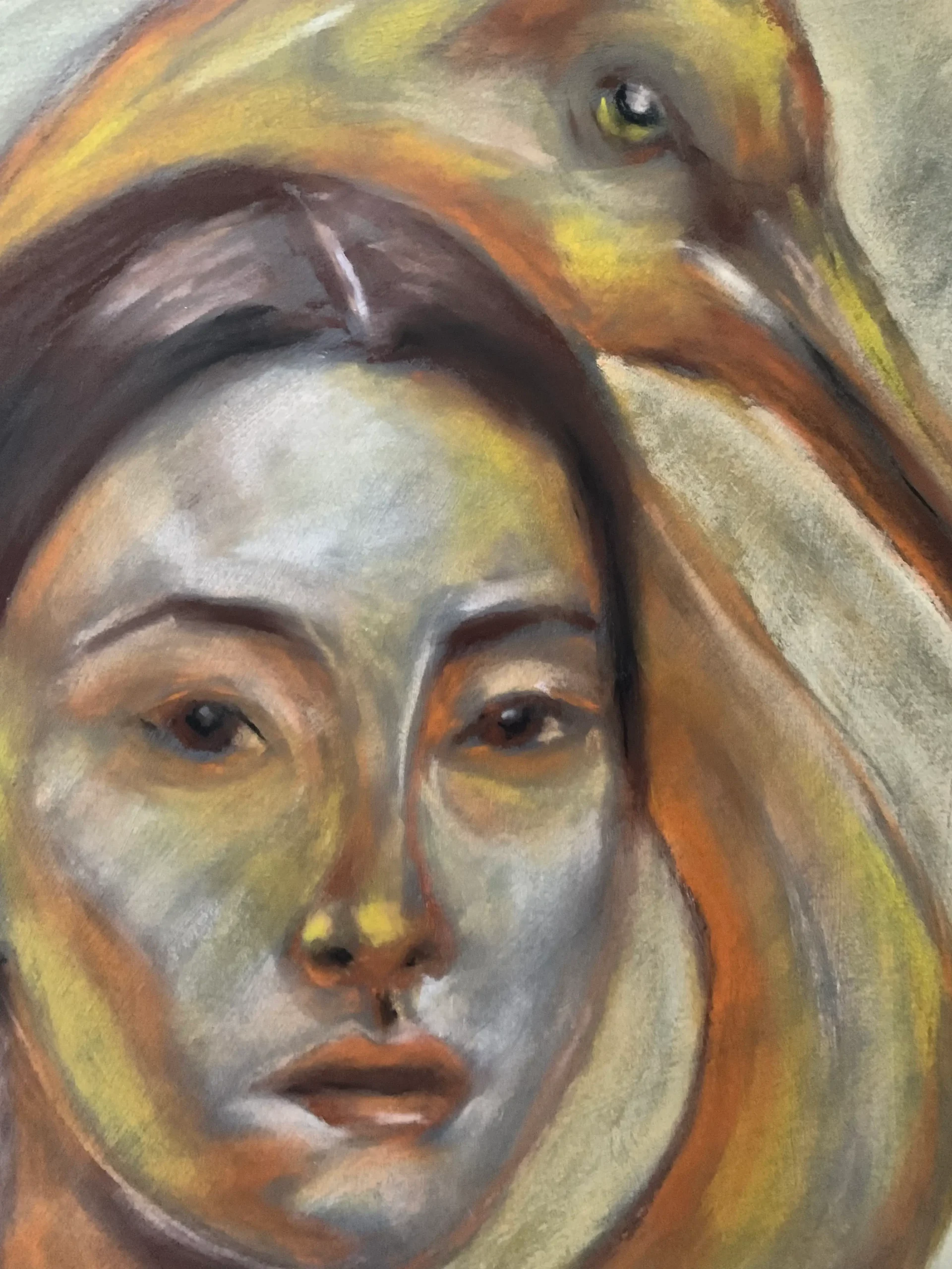 An original expressionist soft pastel painting by Savchenko depicting a woman's portrait with a golden heron bird resting on her head against a muted grey background.