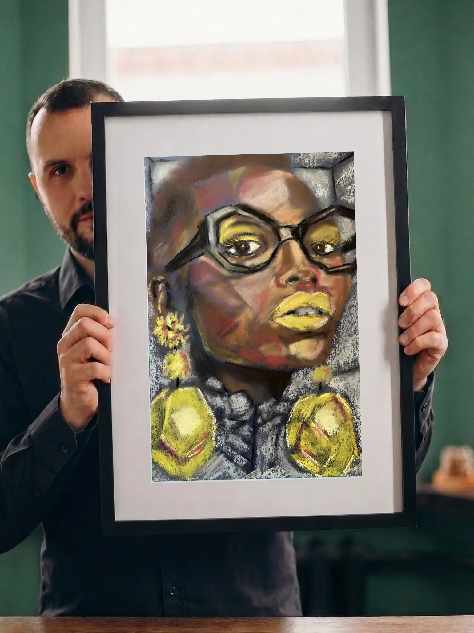An original expressionist soft pastel painting by Savchenko depicting a woman's portrait with large black-framed glasses, bright yellow lips, and massive yellow geometric earrings.