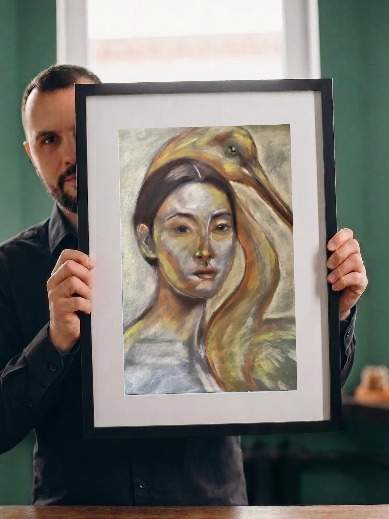 An original expressionist soft pastel painting by Savchenko depicting a woman's portrait with a golden heron bird resting on her head against a muted grey background.