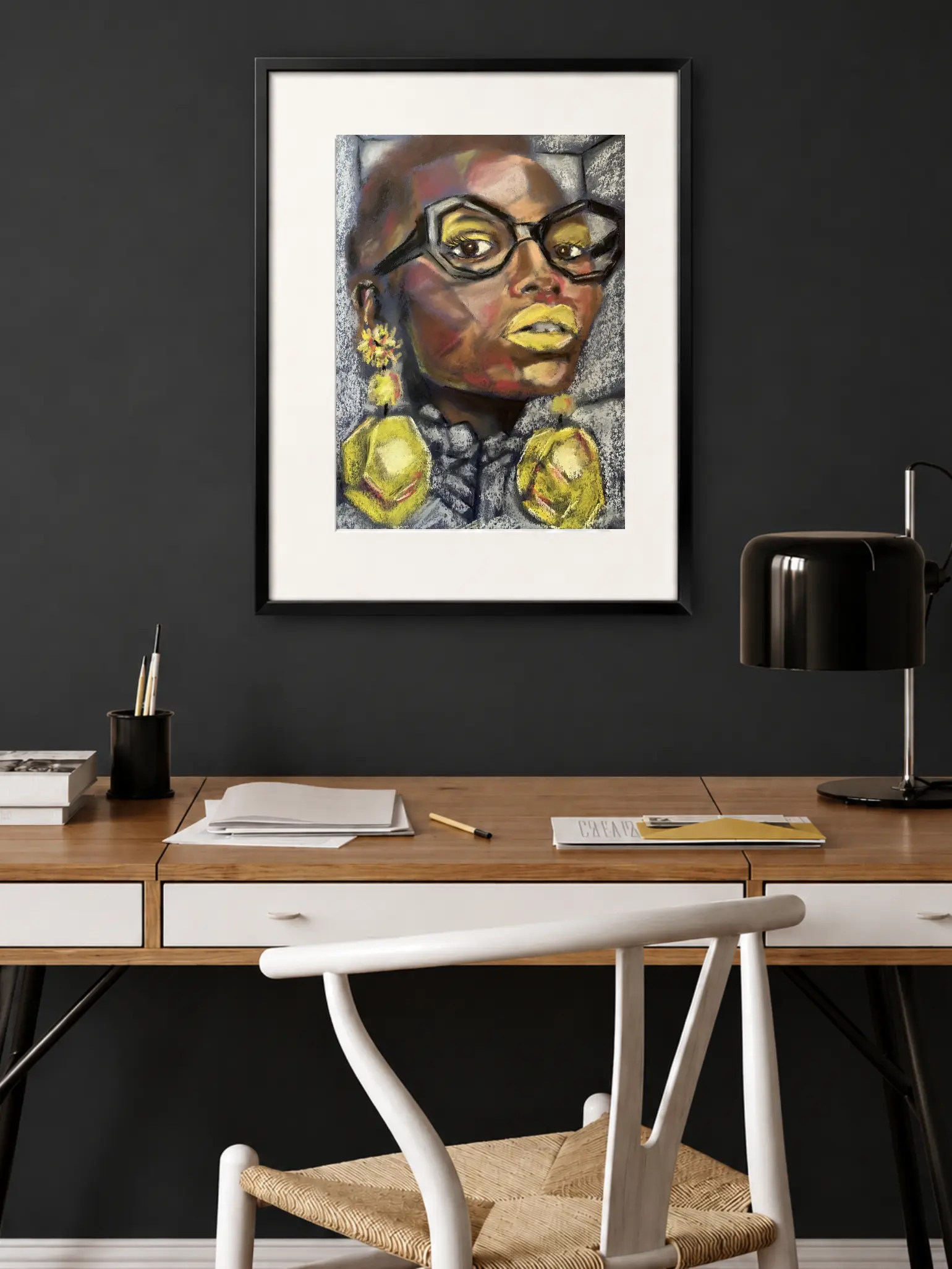 An original expressionist soft pastel painting by Savchenko depicting a woman's portrait with large black-framed glasses, bright yellow lips, and massive yellow geometric earrings.