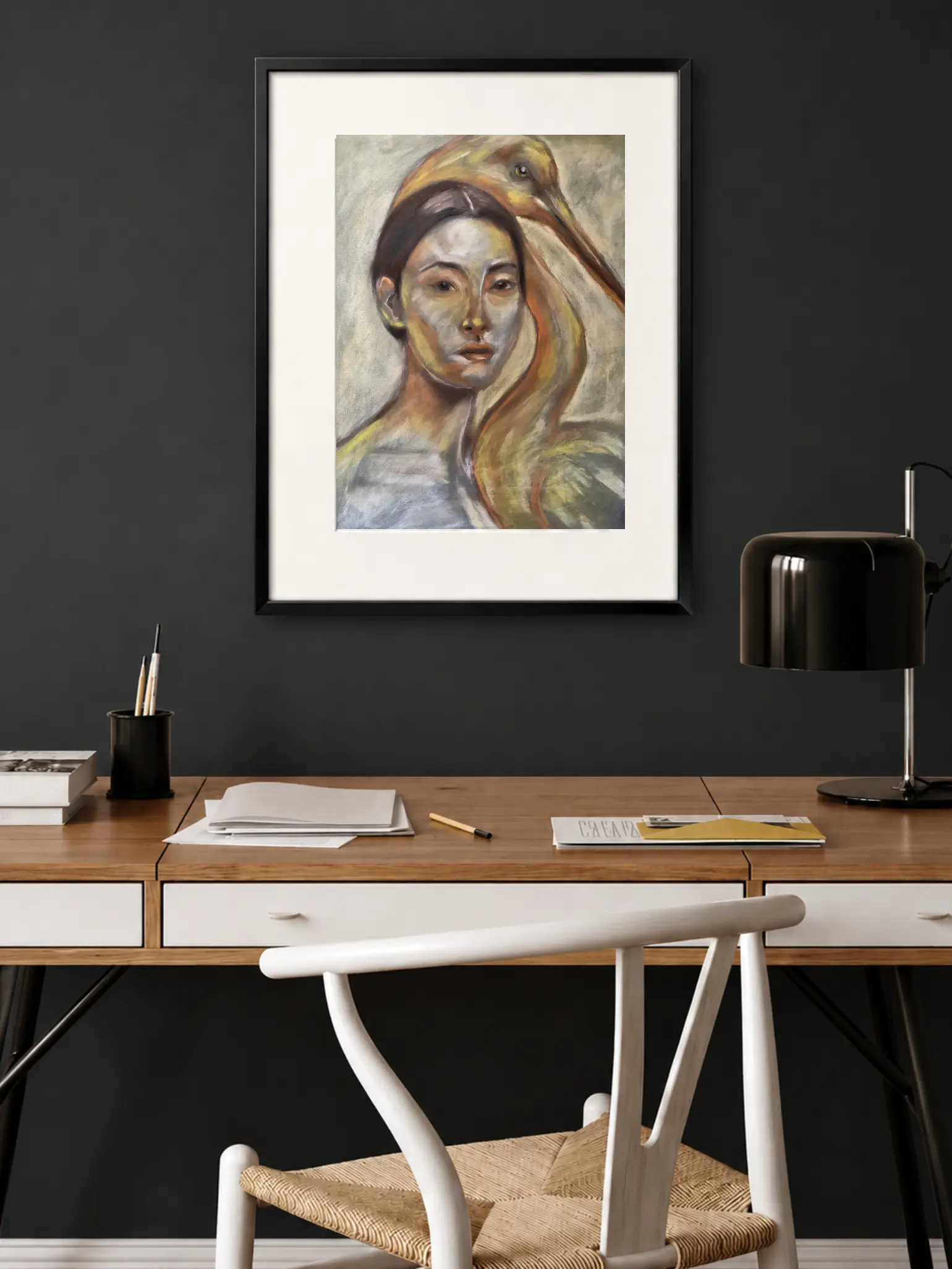 An original expressionist soft pastel painting by Savchenko depicting a woman's portrait with a golden heron bird resting on her head against a muted grey background.