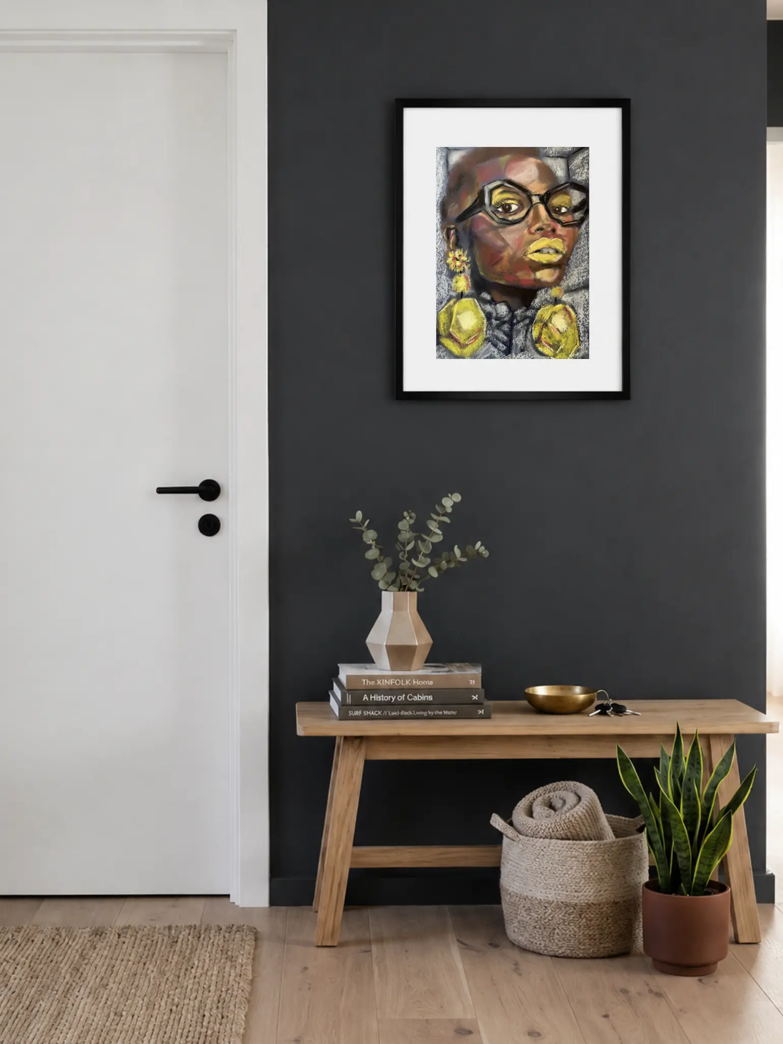 An original expressionist soft pastel painting by Savchenko depicting a woman's portrait with large black-framed glasses, bright yellow lips, and massive yellow geometric earrings.