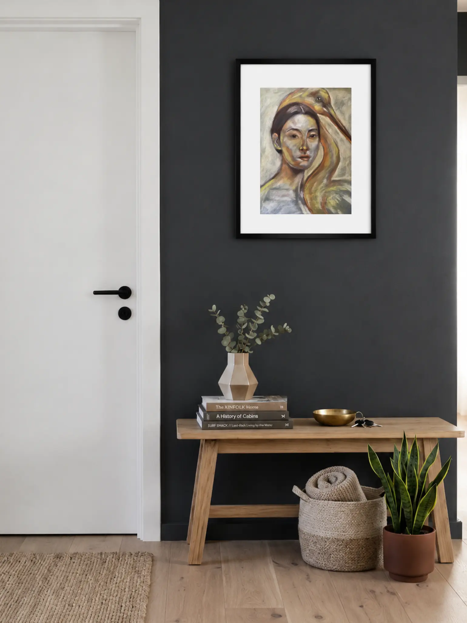 An original expressionist soft pastel painting by Savchenko depicting a woman's portrait with a golden heron bird resting on her head against a muted grey background.
