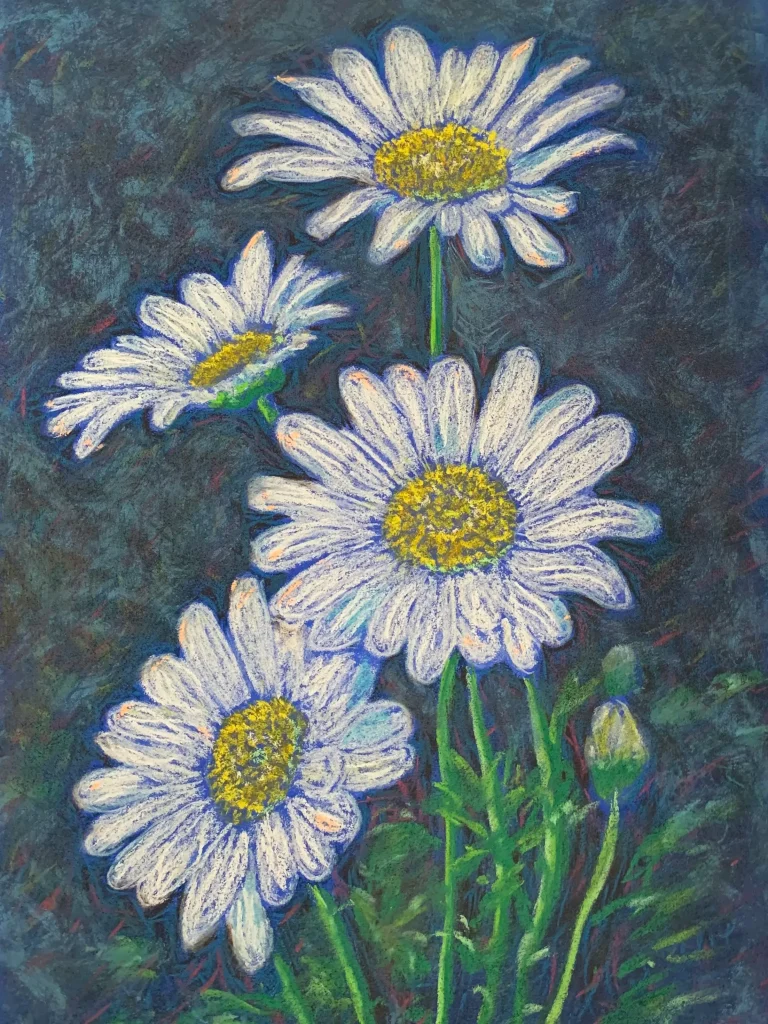 An original impressionist daisy flowers painting in soft pastel, featuring four white daisies with yellow centers against a dark blue-grey background.