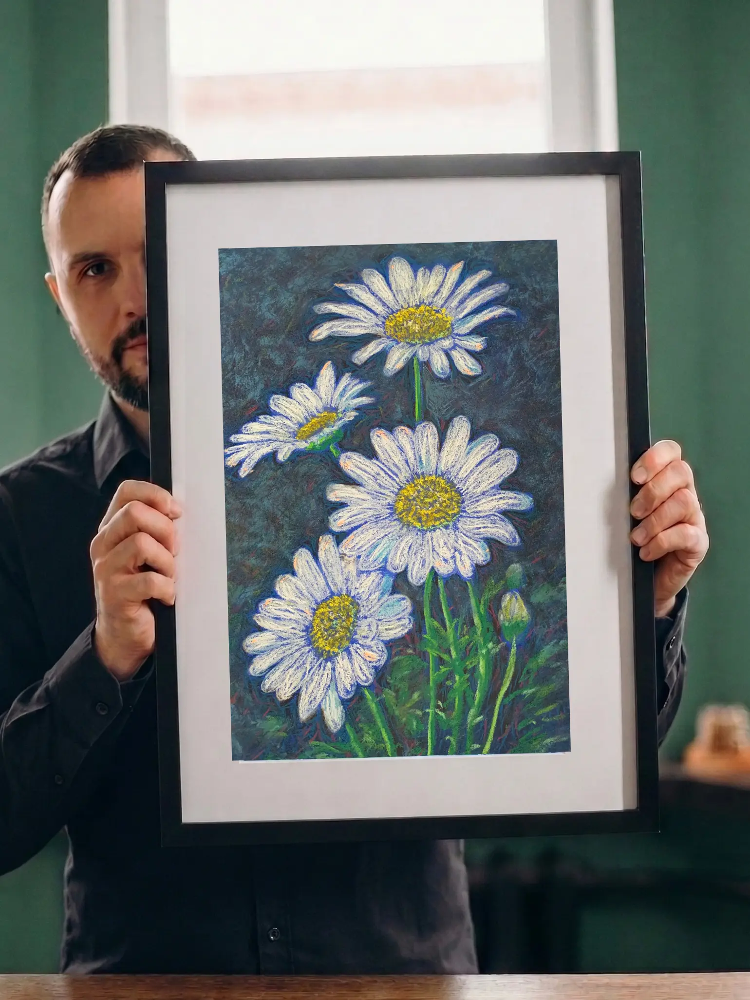 An original impressionist daisy flowers painting in soft pastel, featuring four white daisies with yellow centers against a dark blue-grey background.
