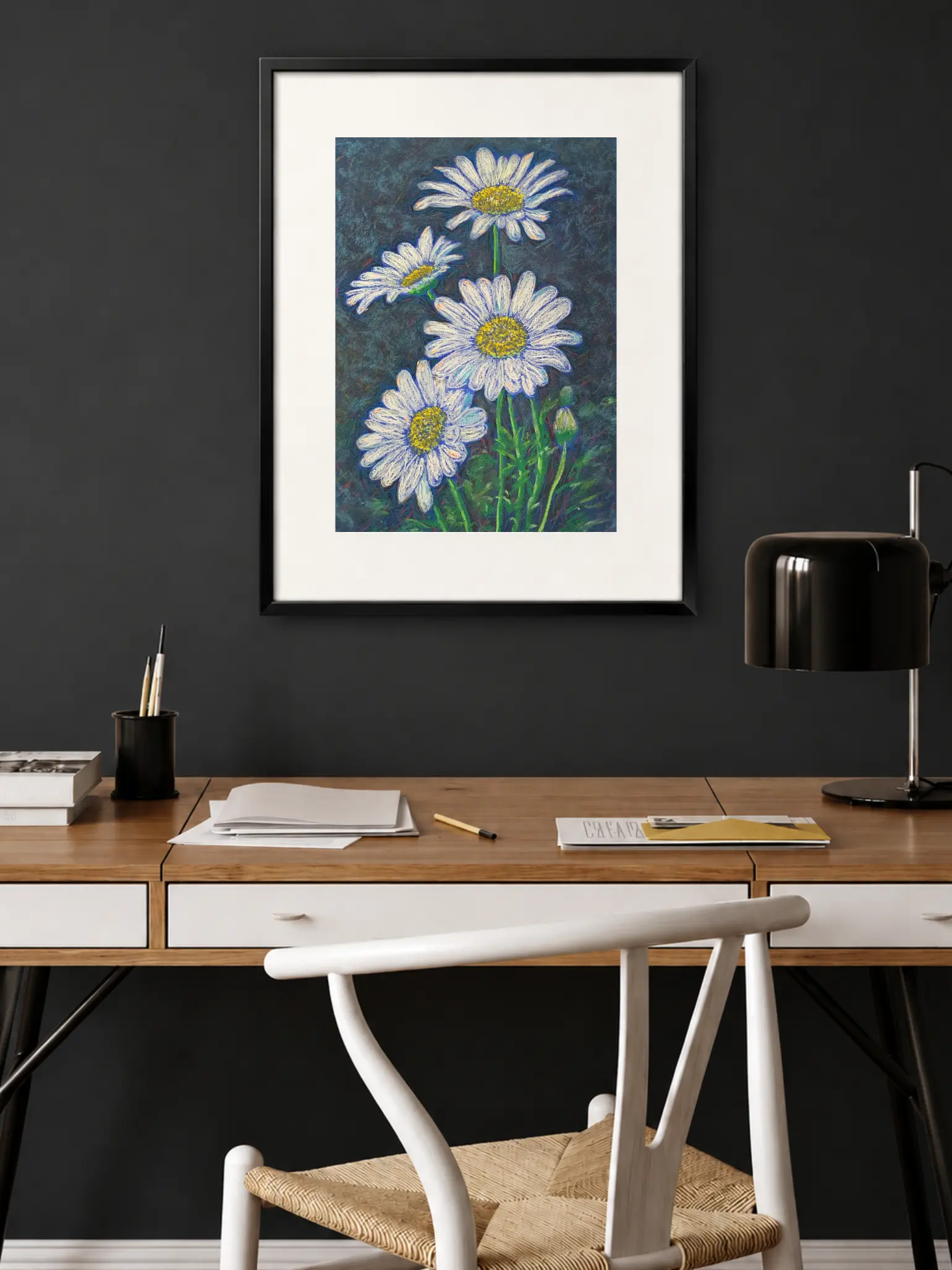 An original impressionist daisy flowers painting in soft pastel, featuring four white daisies with yellow centers against a dark blue-grey background.