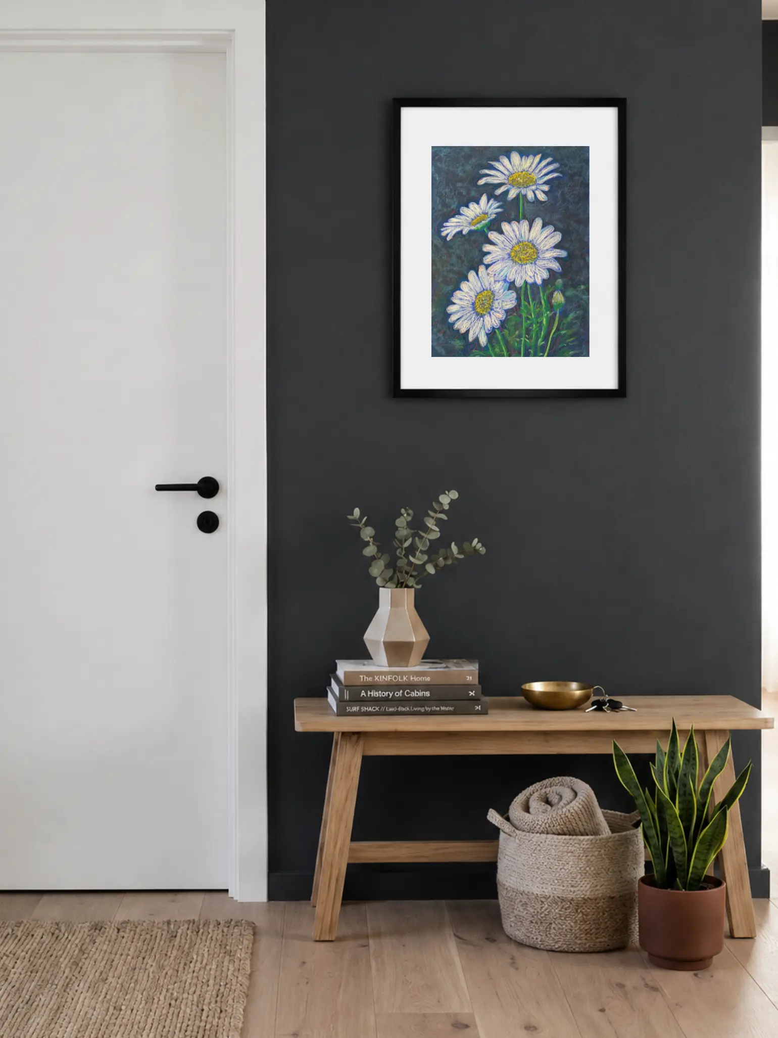 An original impressionist daisy flowers painting in soft pastel, featuring four white daisies with yellow centers against a dark blue-grey background.