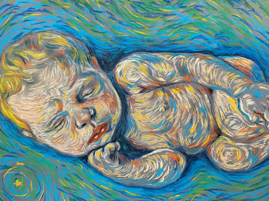 An impressionist soft pastel painting by Savchenko of a baby sleeping peacefully in a patterned blanket within a dark cradle surrounded by swirling cosmic lights.