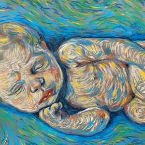 An impressionist soft pastel painting by Savchenko of a baby sleeping peacefully in a patterned blanket within a dark cradle surrounded by swirling cosmic lights.
