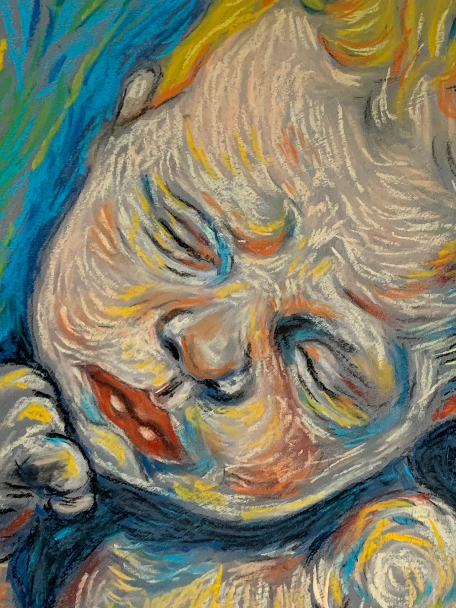 An impressionist soft pastel painting by Savchenko of a baby sleeping peacefully in a patterned blanket within a dark cradle surrounded by swirling cosmic lights.