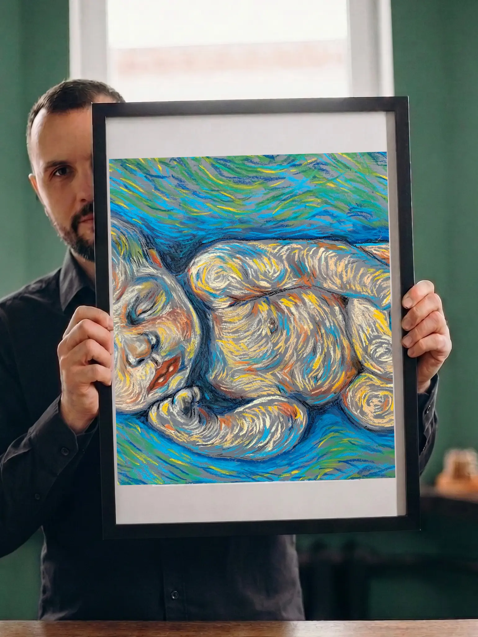 An impressionist soft pastel painting by Savchenko of a baby sleeping peacefully in a patterned blanket within a dark cradle surrounded by swirling cosmic lights.