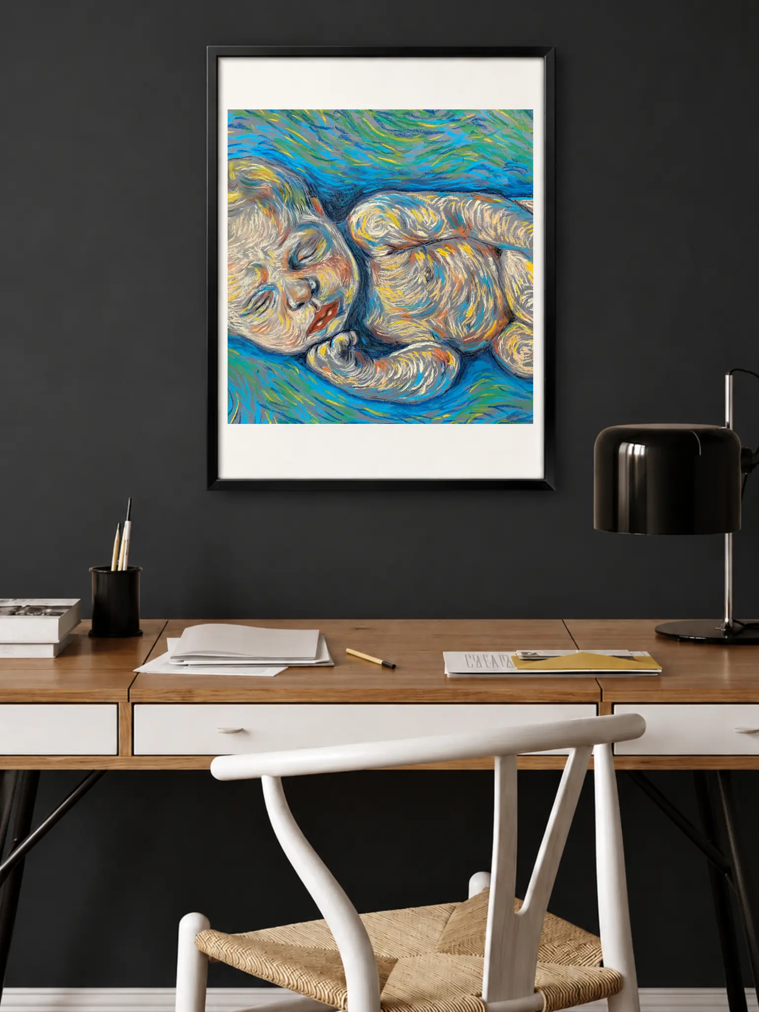An impressionist soft pastel painting by Savchenko of a baby sleeping peacefully in a patterned blanket within a dark cradle surrounded by swirling cosmic lights.