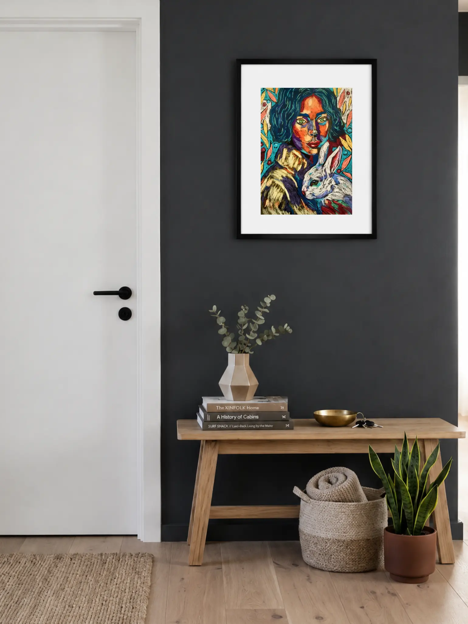 Framed expressionist soft pastel woman with rabbit painting in entryway interior