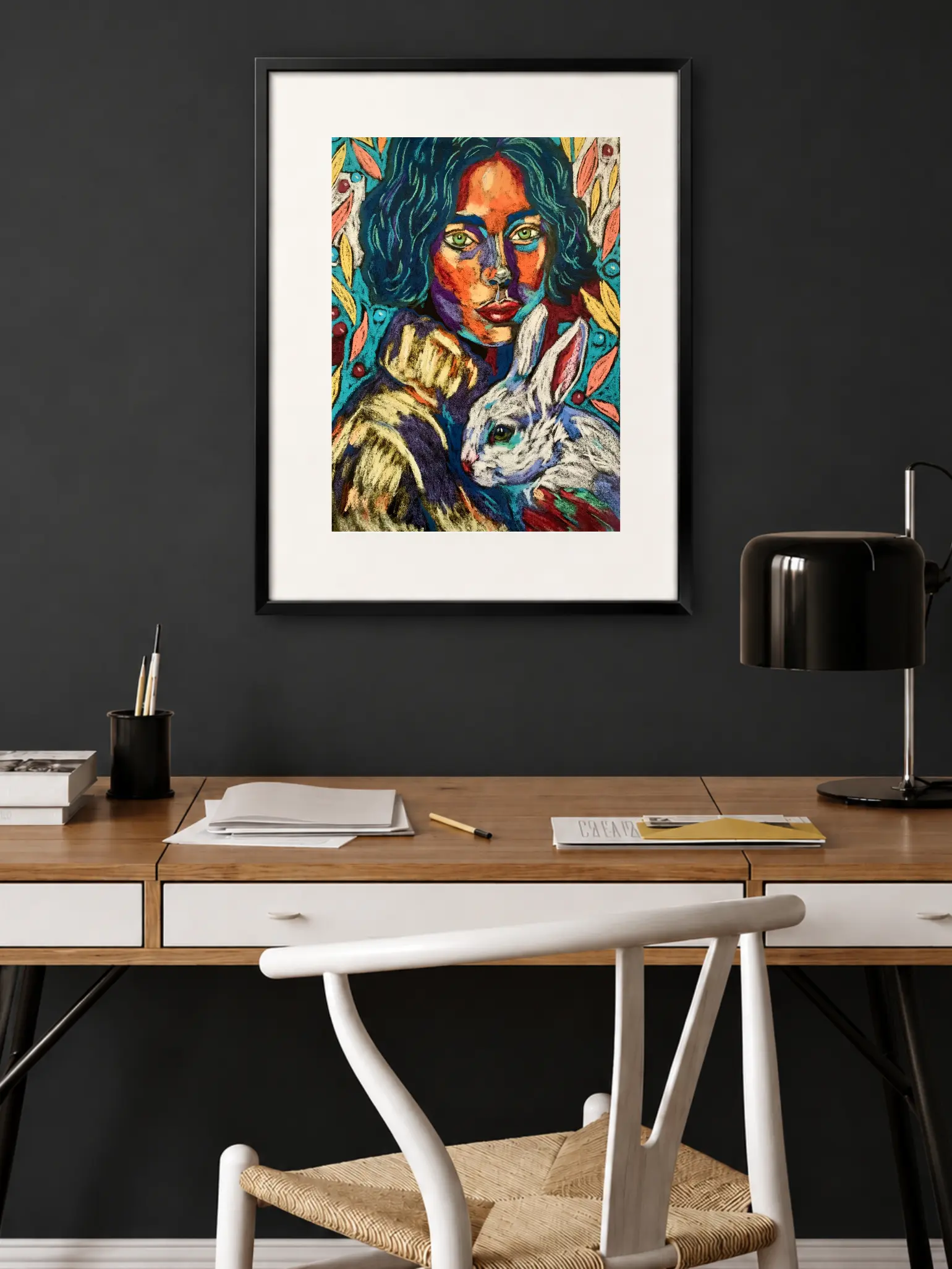 Framed expressionist soft pastel woman with rabbit painting in modern home office