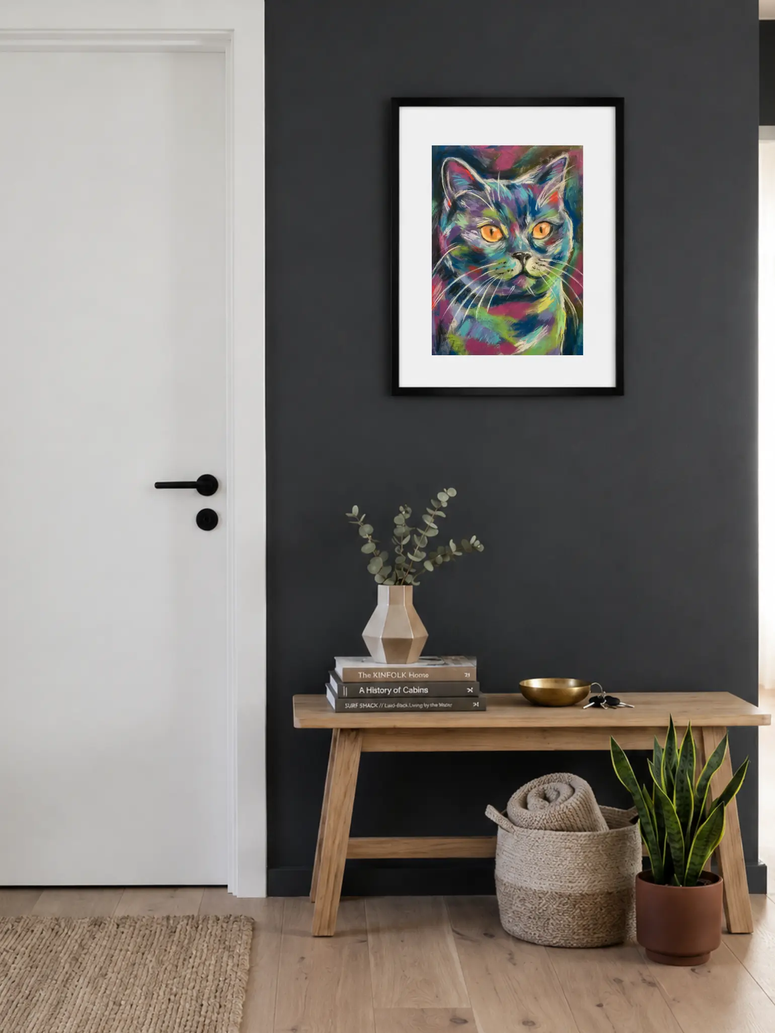 Framed expressionist soft pastel amber-eyed cat painting in entryway interior