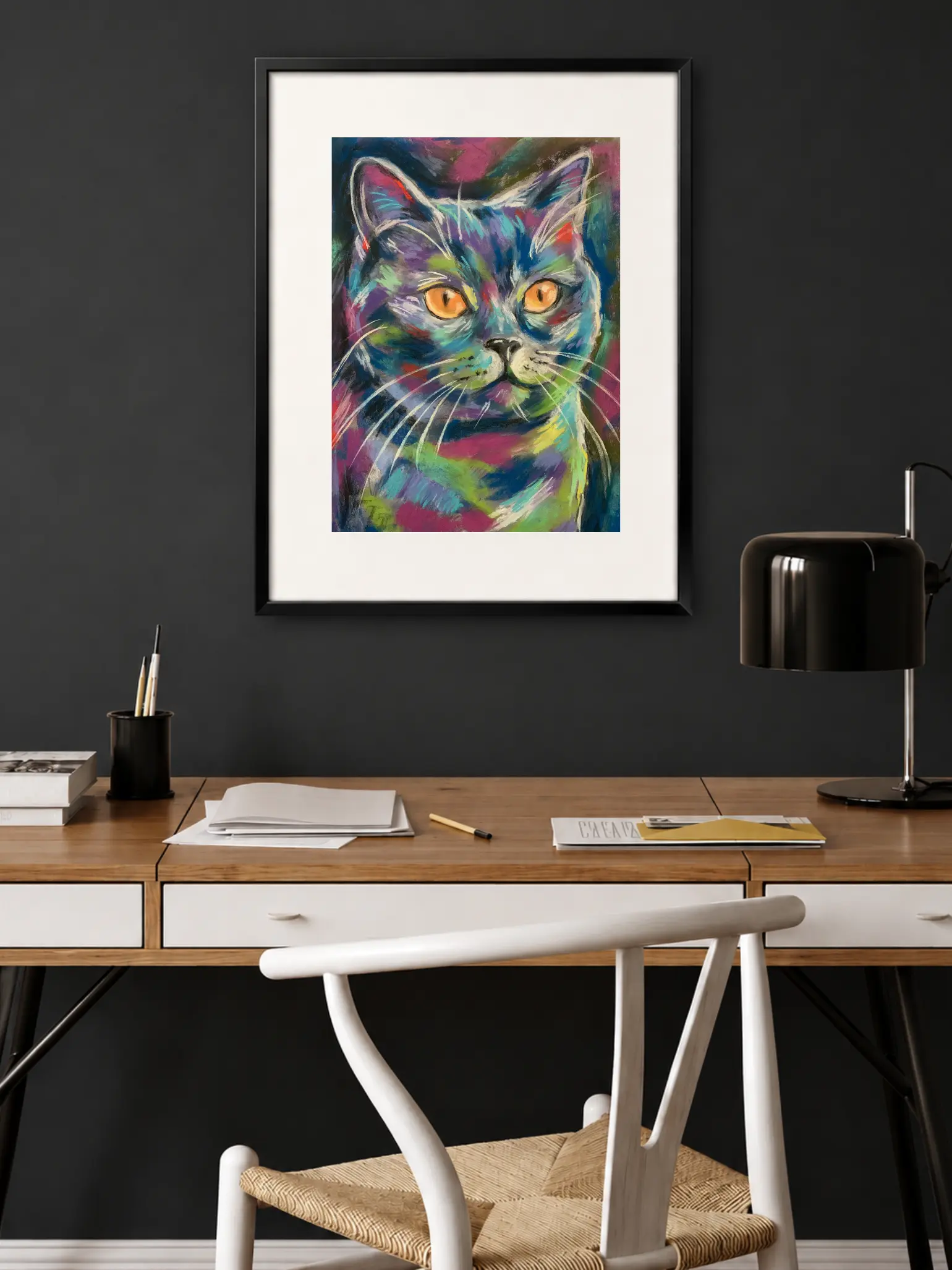 Framed expressionist soft pastel amber-eyed cat painting in modern home office
