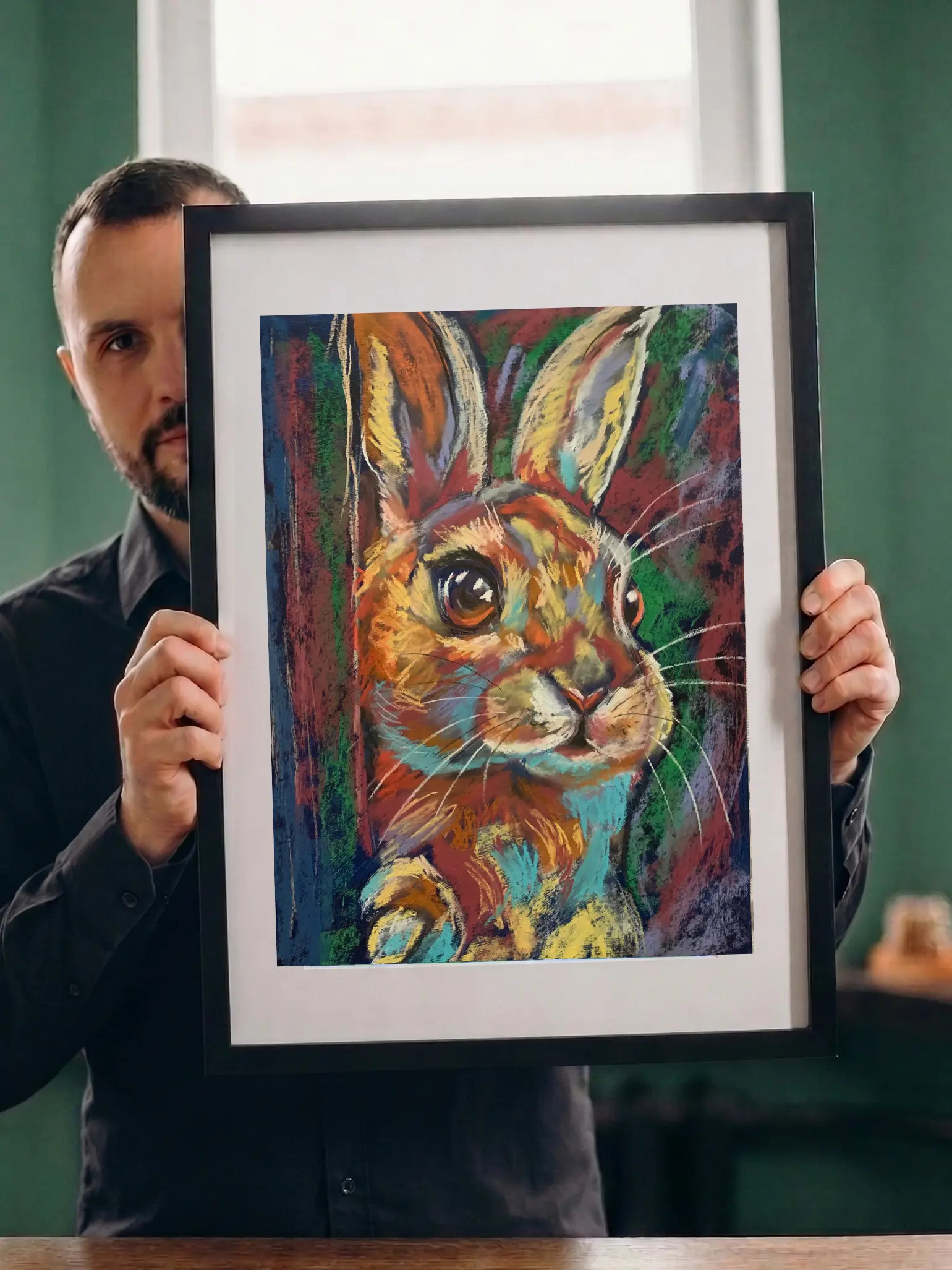 Artist holding framed expressionist soft pastel peeking rabbit painting