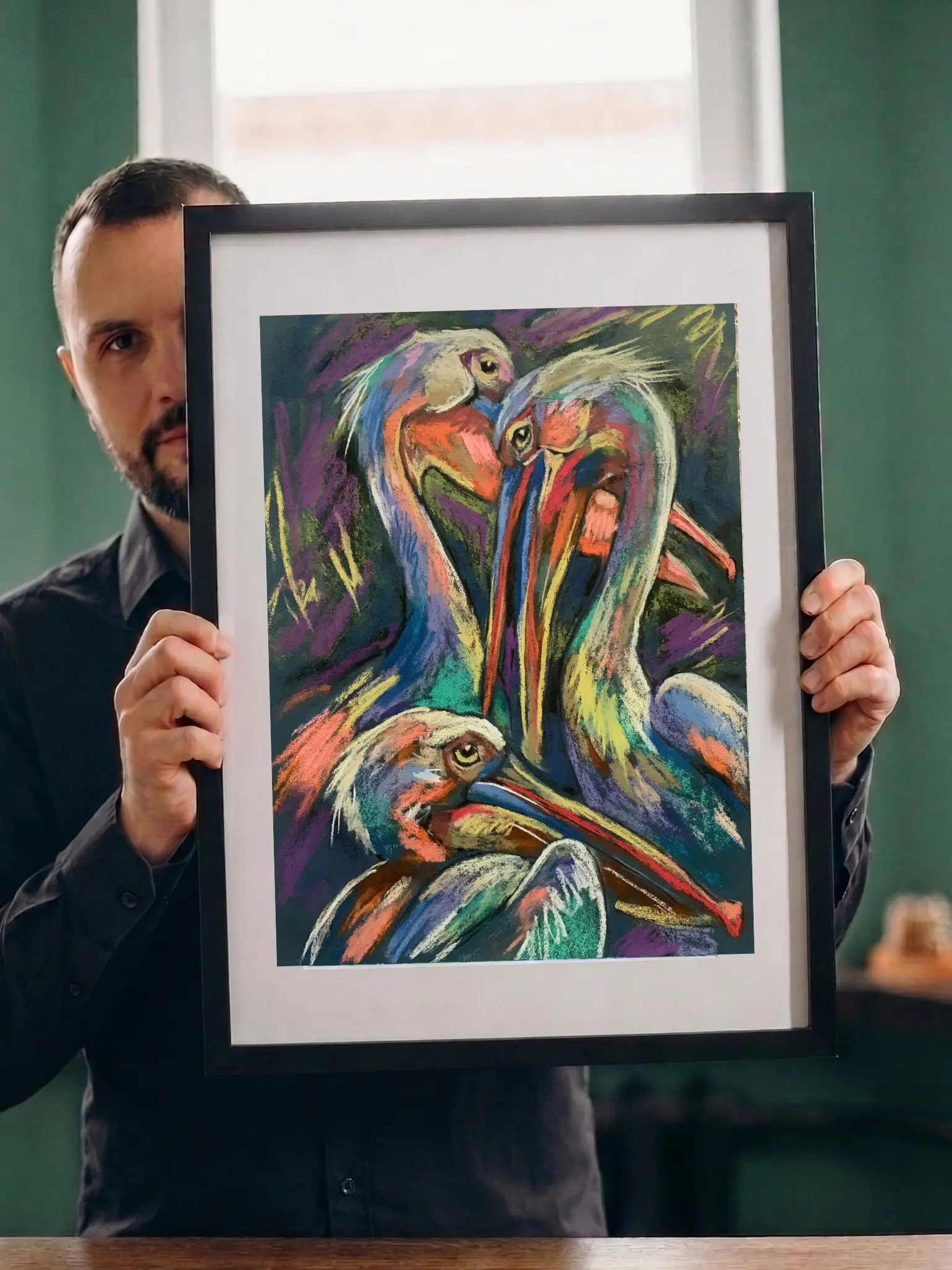 Artist holding framed expressionist soft pastel pelicans painting