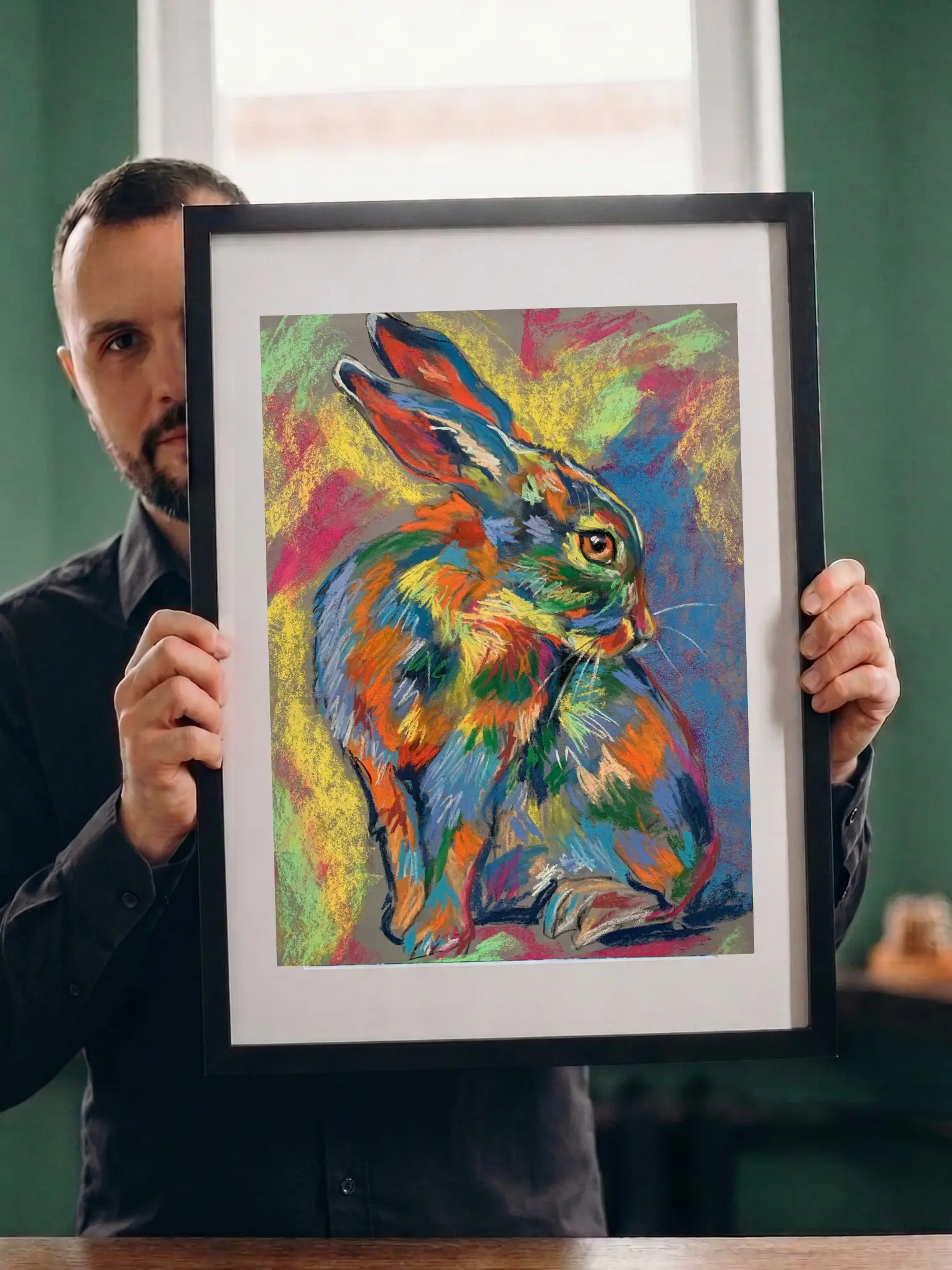 Artist holding framed expressionist soft pastel rainbow hare painting