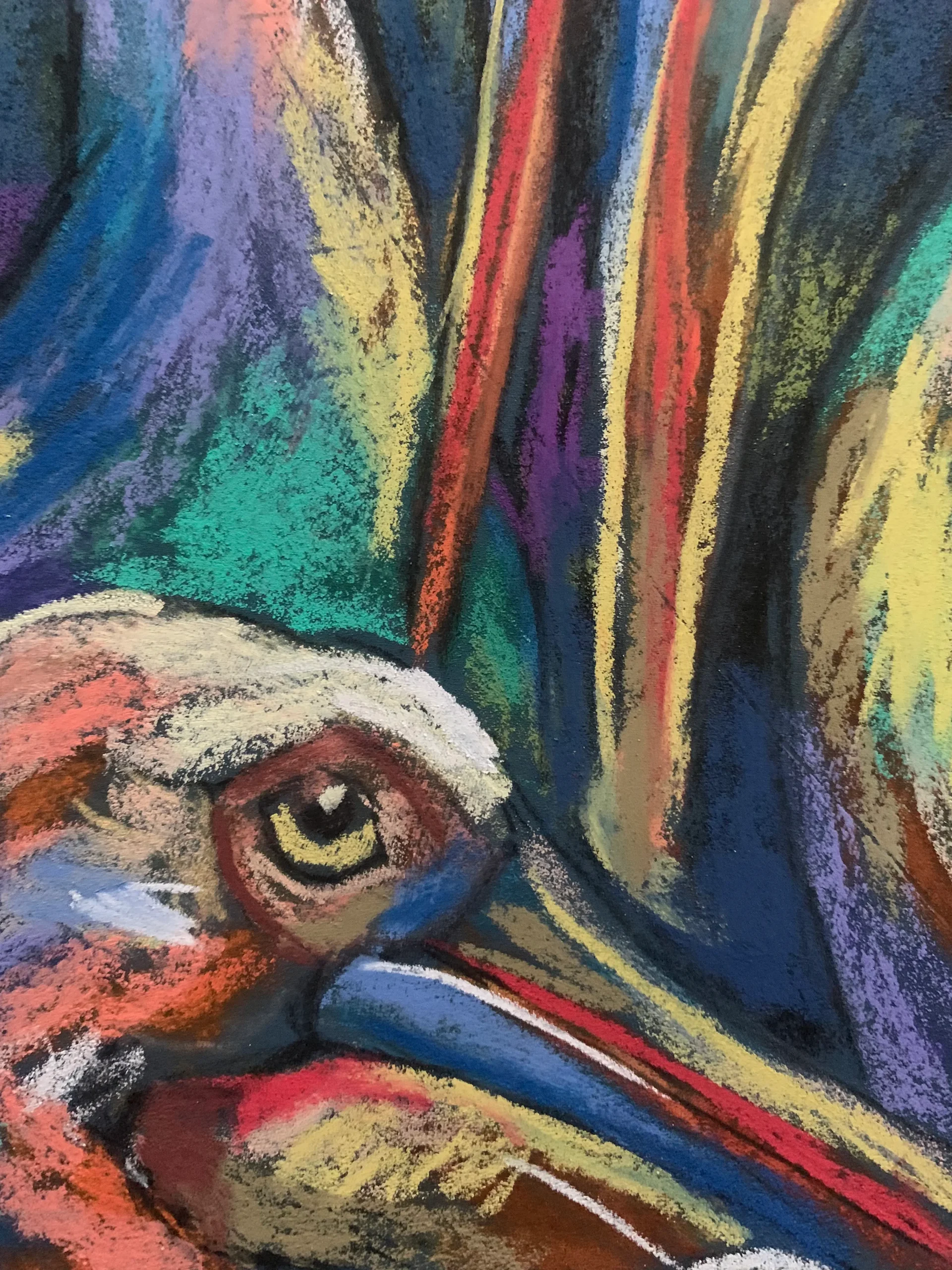 Close-up detail of expressionist soft pastel pelican beak and eye texture