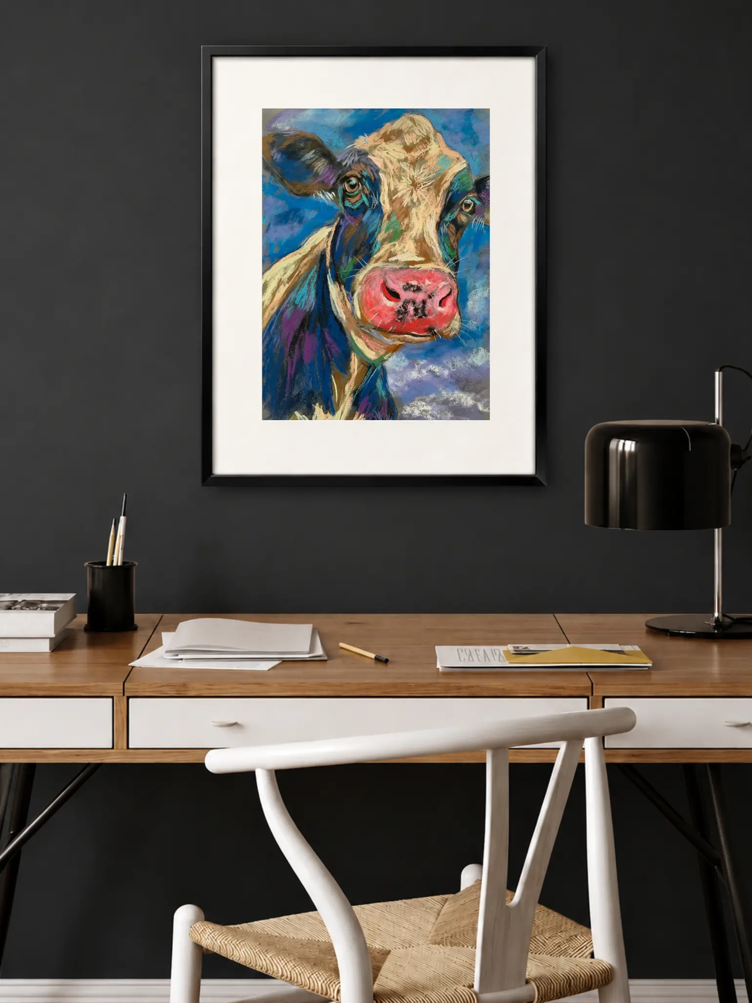 Framed expressionist soft pastel cow portrait painting in modern home office