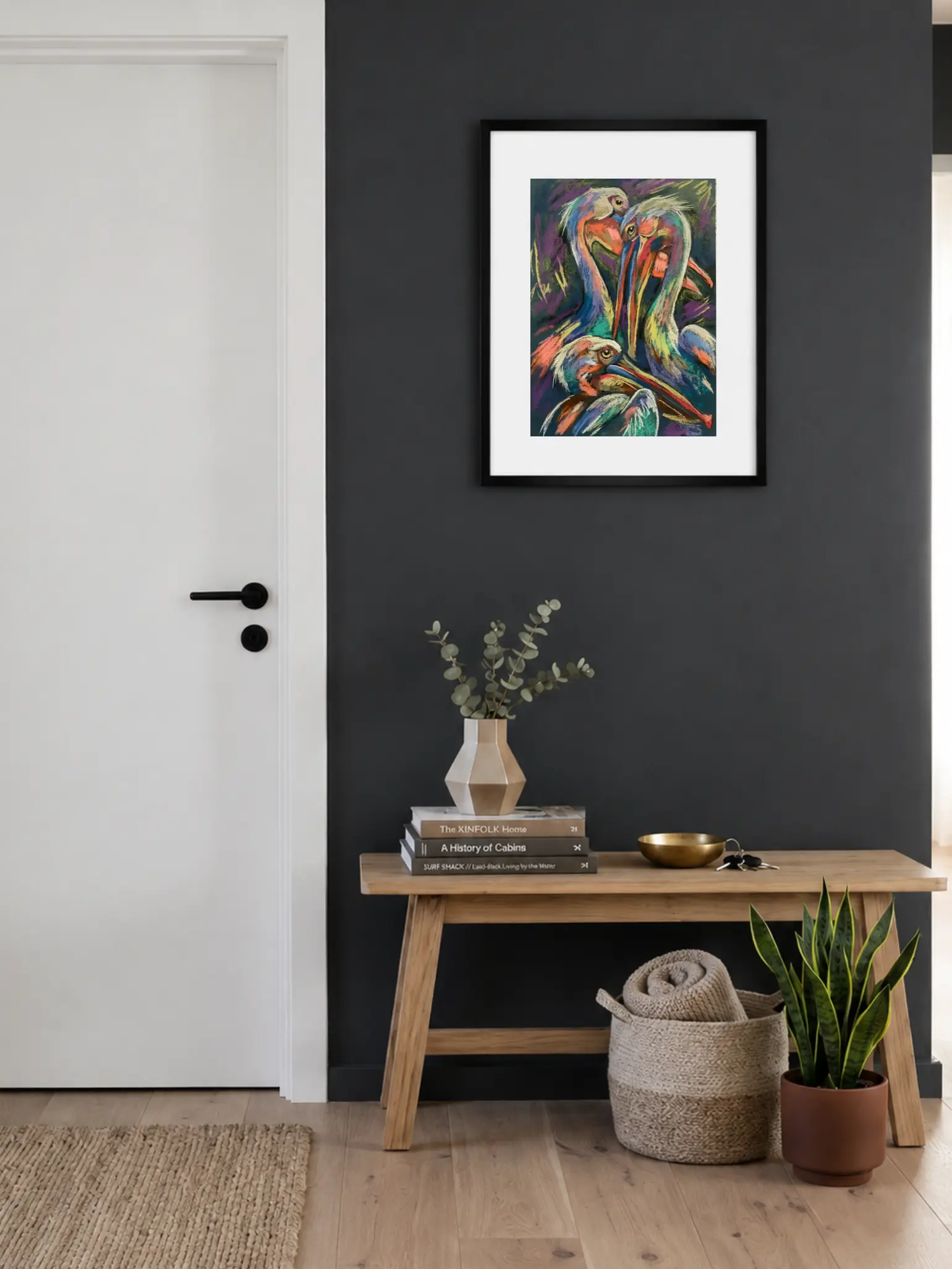 Framed expressionist soft pastel pelicans painting in entryway interior