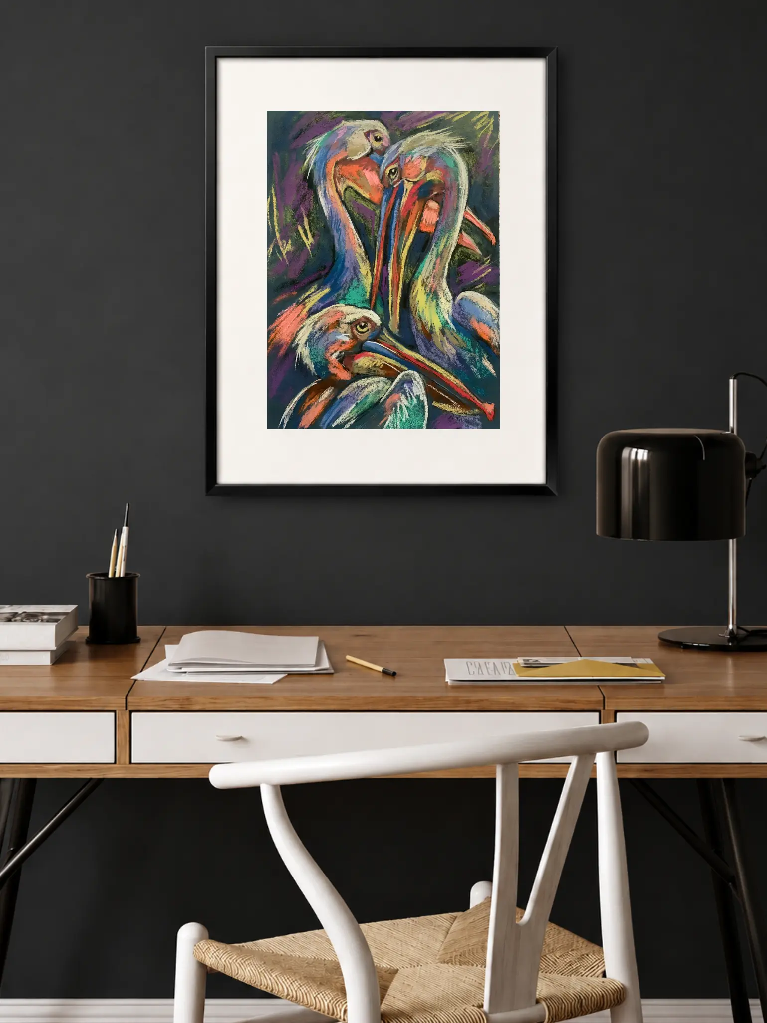 Framed expressionist soft pastel pelicans painting in modern home office