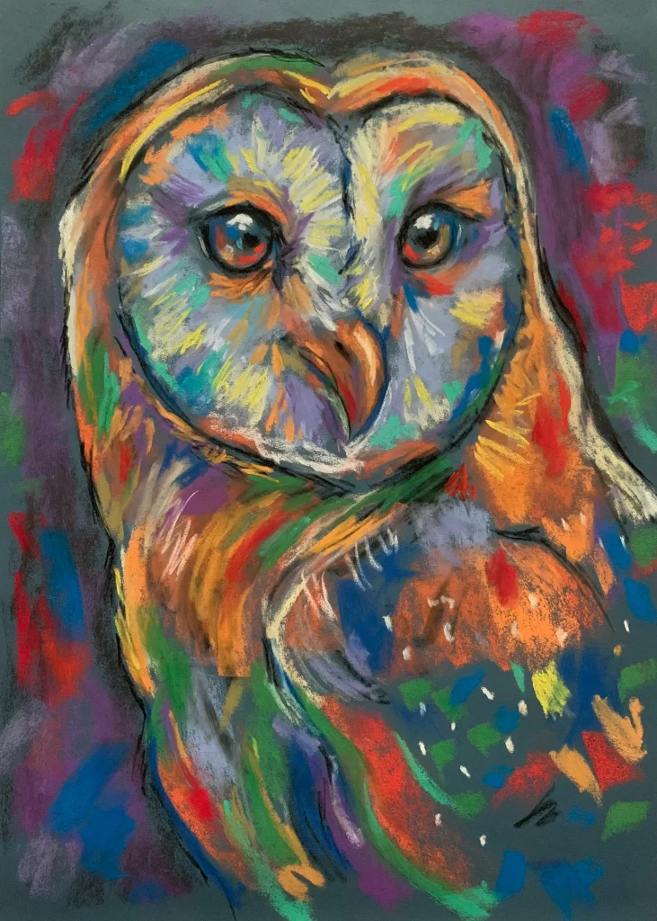 An original expressionist barn owl painting in soft pastel by Savchenko on A3 format, depicting a barn owl with large soulful eyes, vibrant orange, yellow, turquoise, and lavender plumage against a dark grey background.