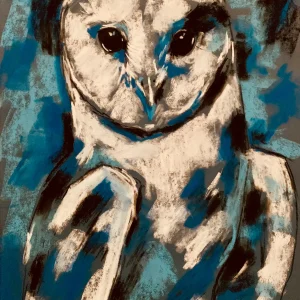 An original expressionist blue white owl painting in soft pastel by Savchenko on A3 format, depicting a barn owl with large dark eyes, stark white feathers, and bold cerulean blue brushstrokes against a grey background.