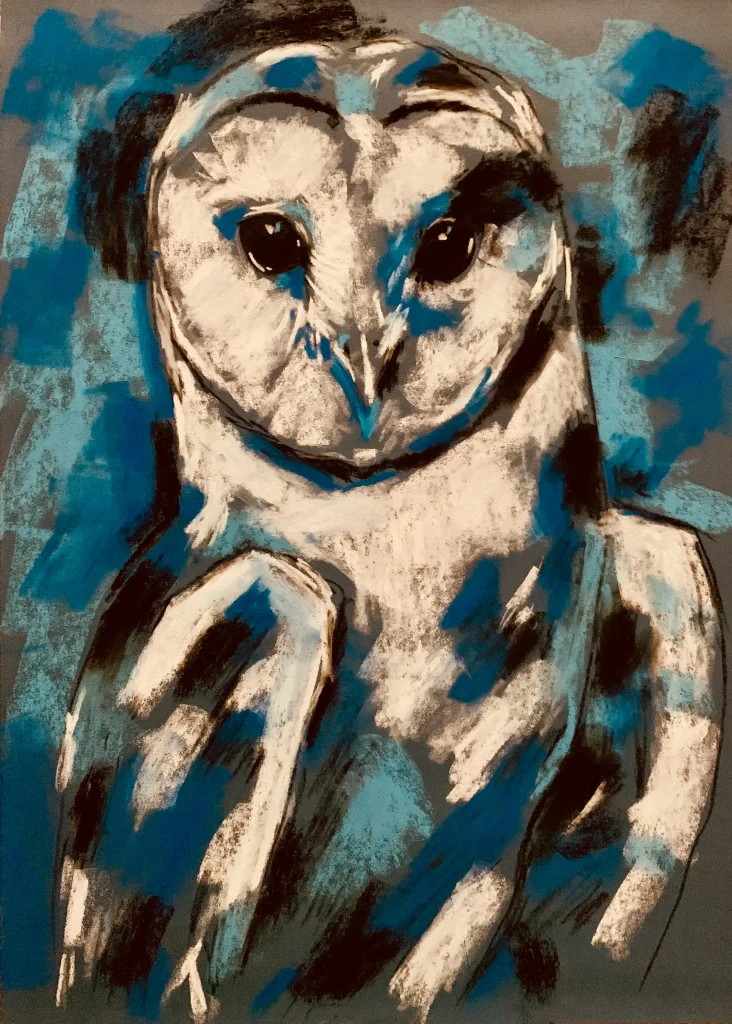 An original expressionist blue white owl painting in soft pastel by Savchenko on A3 format, depicting a barn owl with large dark eyes, stark white feathers, and bold cerulean blue brushstrokes against a grey background.