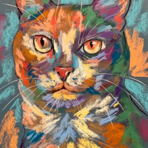 An original expressionist colorful cat portrait in soft pastel by Savchenko on A3 format, depicting a cat face with glowing amber-orange eyes, multicolored strokes of orange, teal, purple, and green, and white whiskers against a textured background.
