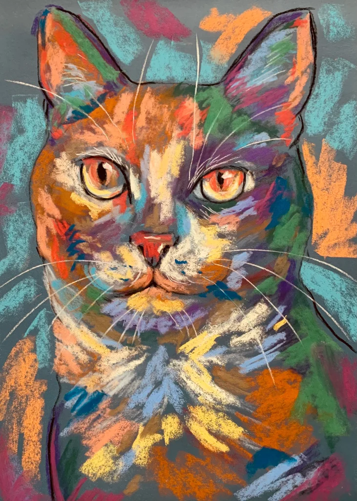 An original expressionist colorful cat portrait in soft pastel by Savchenko on A3 format, depicting a cat face with glowing amber-orange eyes, multicolored strokes of orange, teal, purple, and green, and white whiskers against a textured background.