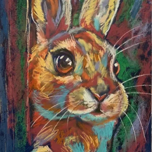 An original expressionist colorful rabbit soft pastel painting by Savchenko, depicting a curious rabbit peeking into frame with large dark expressive eyes, ochre and turquoise fur, and long white whiskers against a dark textured background.