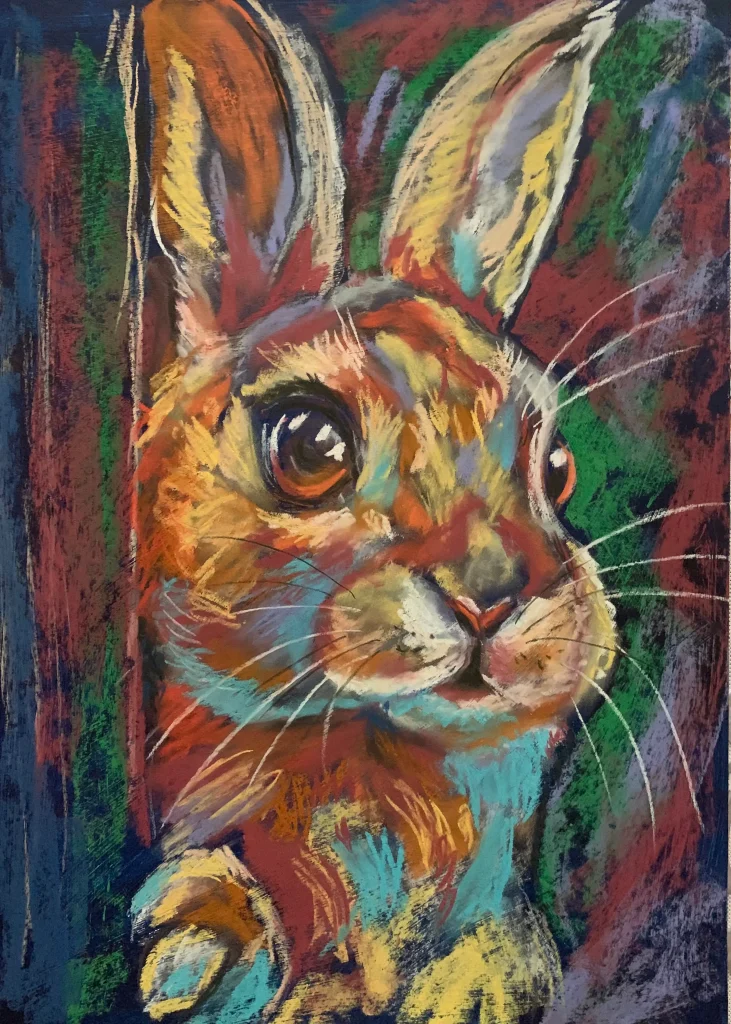 An original expressionist colorful rabbit soft pastel painting by Savchenko, depicting a curious rabbit peeking into frame with large dark expressive eyes, ochre and turquoise fur, and long white whiskers against a dark textured background.